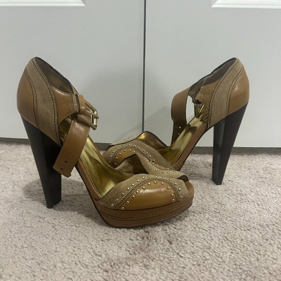 Michael Kors Tan Astor Quarter Strap Platform Heels Women’s Size 7.5 - Picture 3 of 6